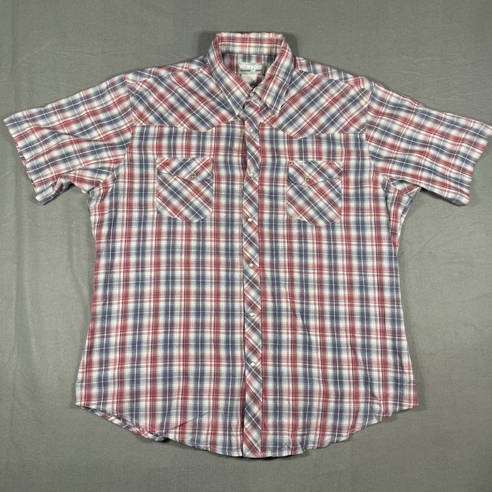 Wrangler Wrancher‎ Western Shirt Mens XL Red Blue Plaid Pearl Snap Short Sleeve